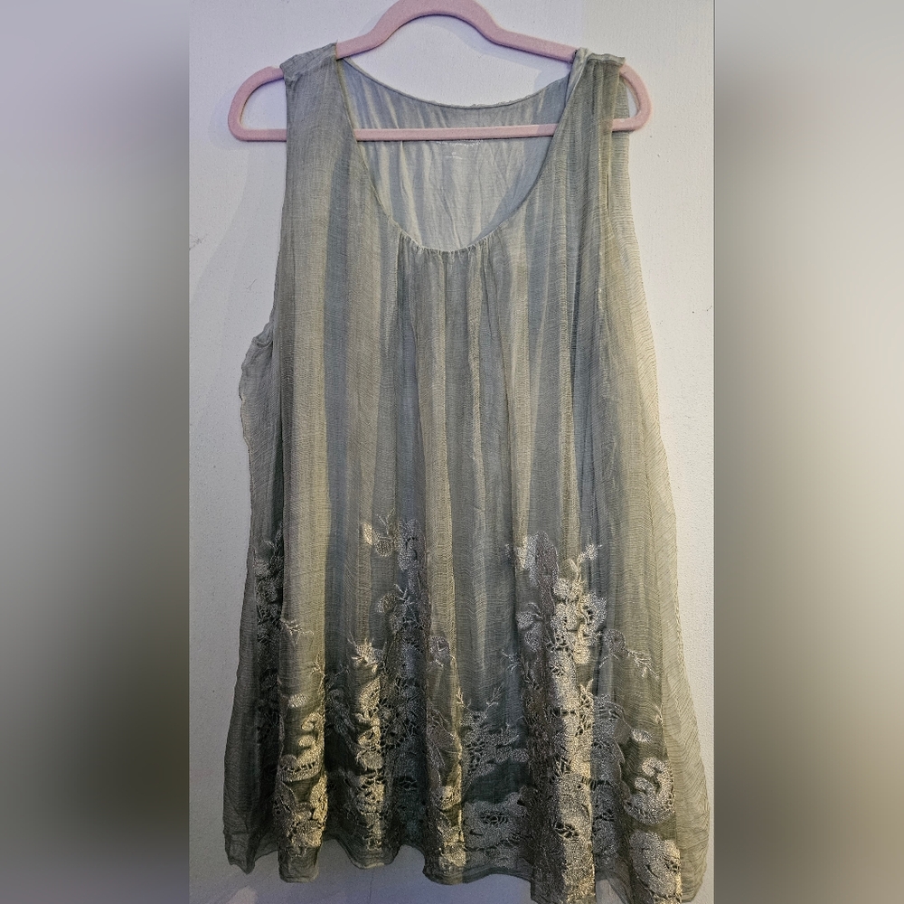 Soft Surroundings Green Sleeveless Top with Embroidered Details